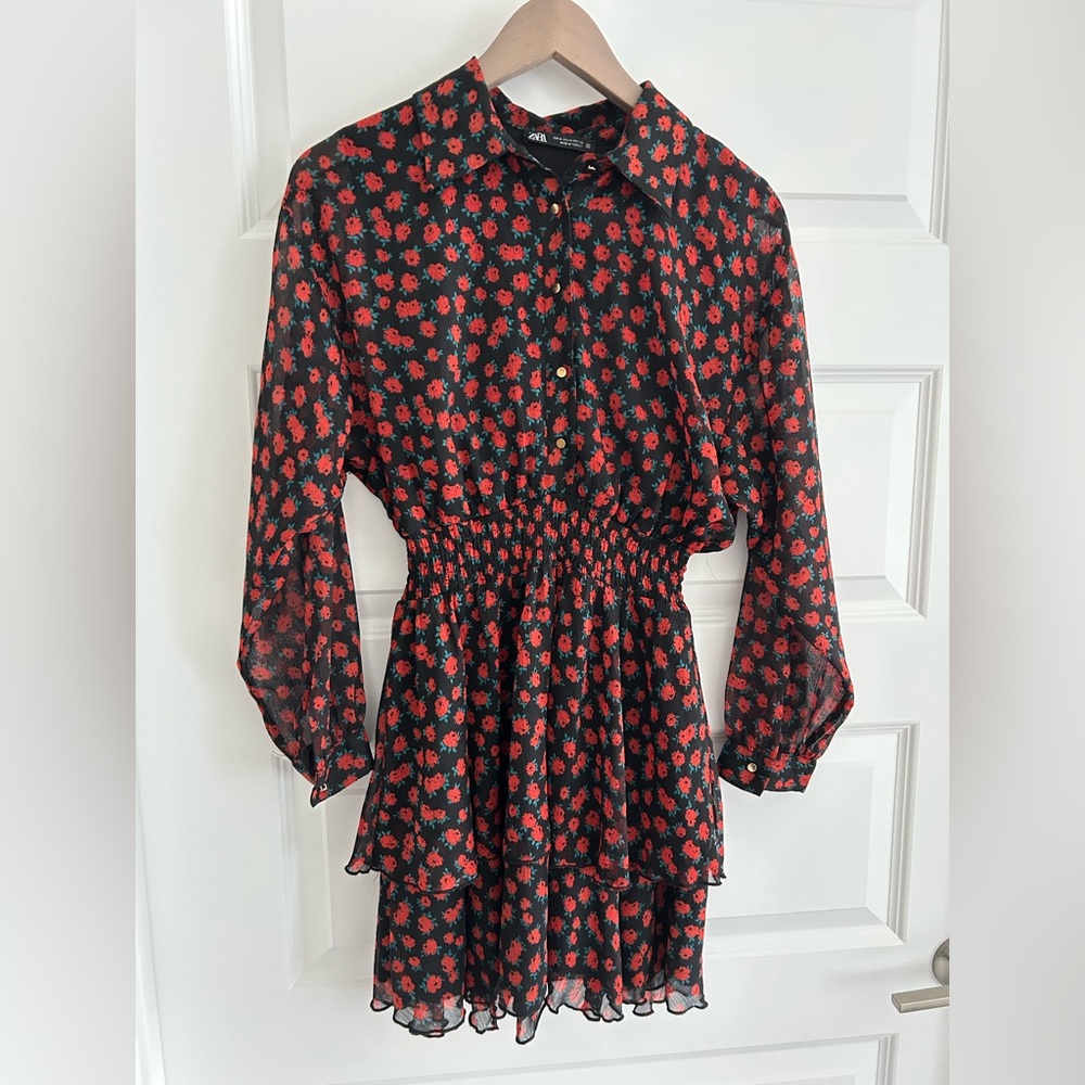 Zara Floral Long Sleeve Dress Red Black Size M